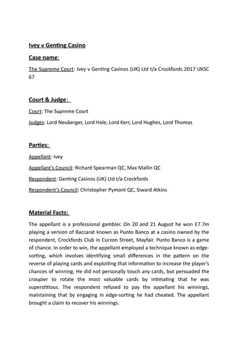 ivey v genting casinos|Ivey v Genting Casinos UK Ltd – Case Summary – IPSA .